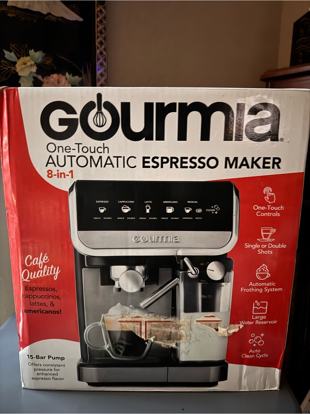 Gourmia One-Touch Automatic Espresso Maker - Black and Stainless